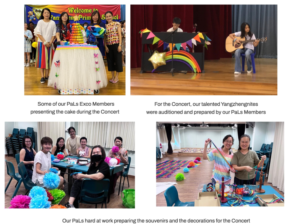 Four photos show a school concert event with a decorated cake, student performers, and volunteers making colorful decorations.